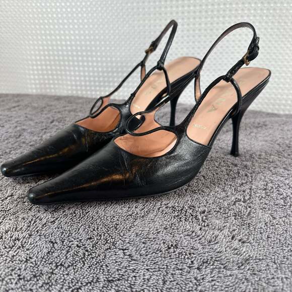 Prada Shoes - Vintage Prada Black Leather Pointed-Toe Kitten Heel Slingback Pumps